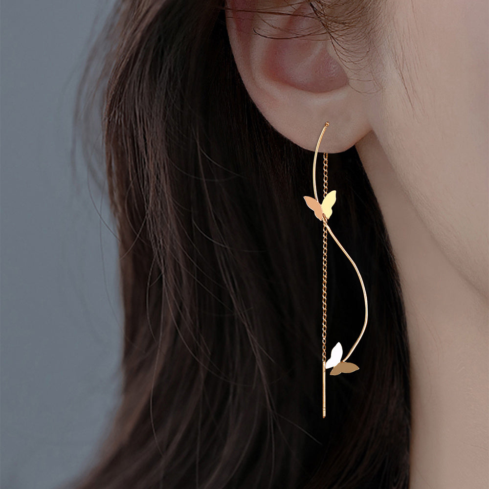 Gold Copper Squeezed Snake Butterfly Long Tassel Earrings